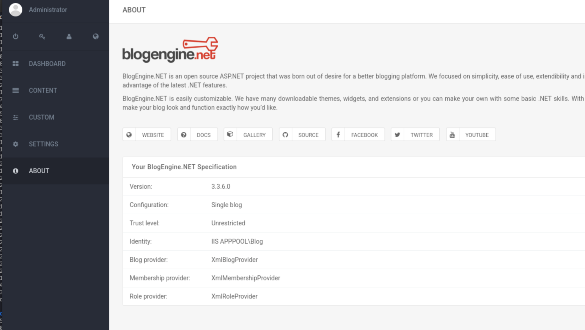 BlogEngine.NET About page showing version 3.3.6.0